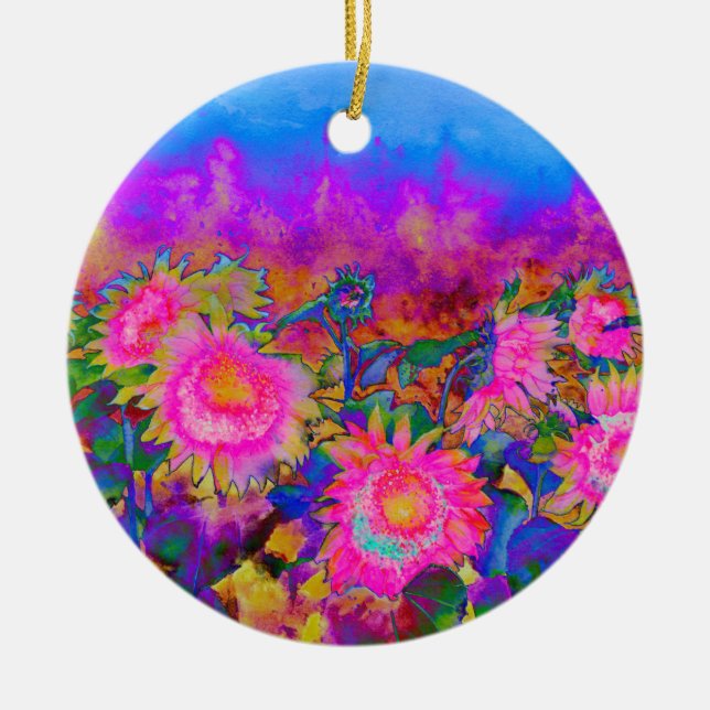 Abstract retro pink floral pink sunflower fields  ceramic ornament (Front)