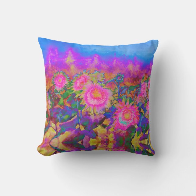 Abstract retro pink floral pink sunflower fields  outdoor pillow (Front)