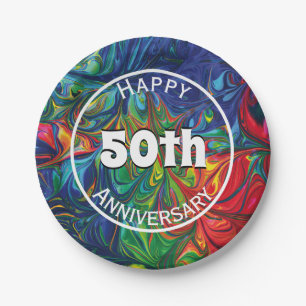 Abstract Retro Psychedelic Happy 50th Custom Paper Plates