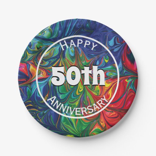 Abstract Retro Psychedelic Happy 50th Custom Paper Plates