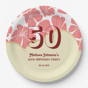 Abstract Retro Red Chamomile Flower Birthday Paper Plates
