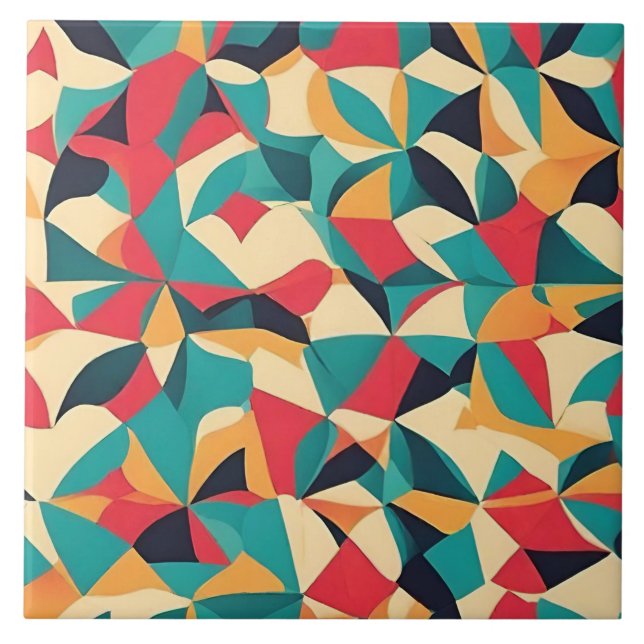 Abstract Retro Style Geometric Pattern - Teal, Red Ceramic Tile (Front)