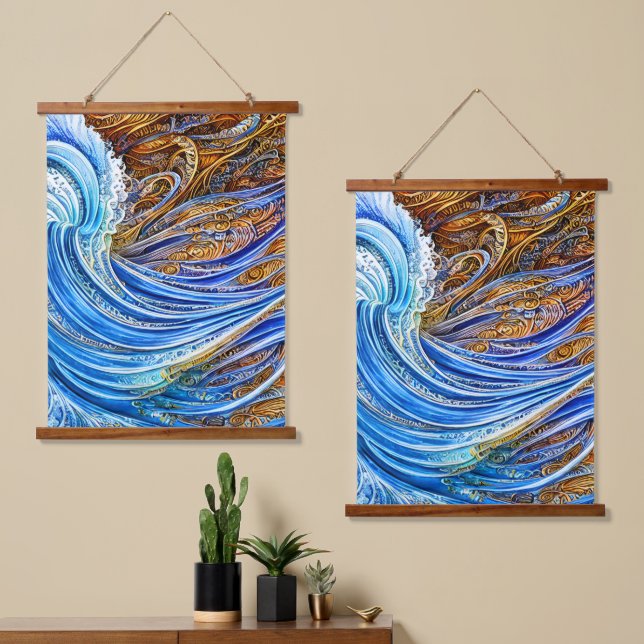  Abstract Ripple Waves in Blue and Gold Hanging Tapestry (Asymmetrical)
