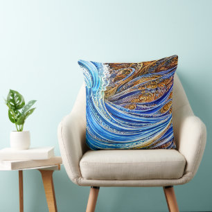 Abstract Ripple Waves in Blue and Gold Throw Pillow