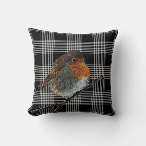 Abstract robin bird on black tartan checkered throw pillow