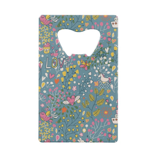 Abstract romantic pattern with cartoon credit card bottle opener (Front)