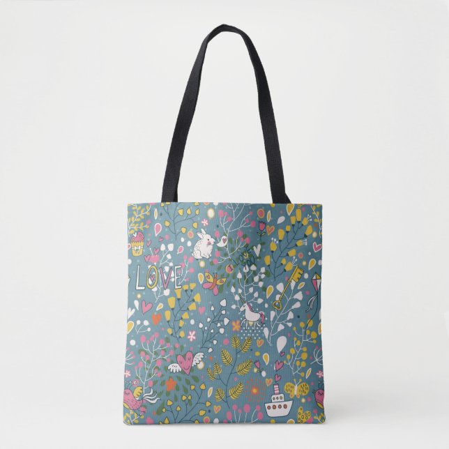 Abstract romantic pattern with cartoon tote bag (Front)