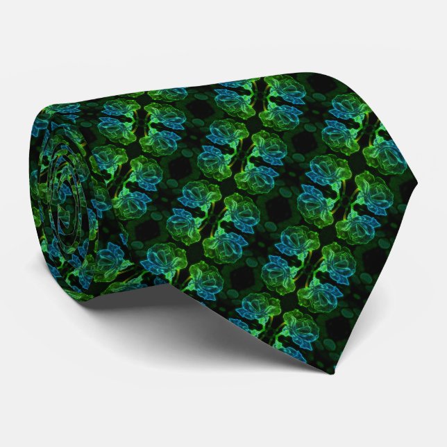 Abstract Rose Fantasy Flower Green Neck Tie (Rolled)