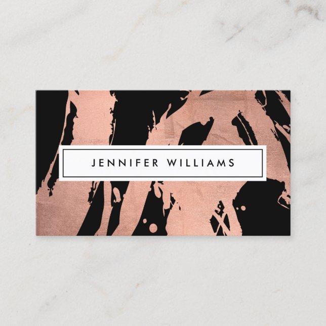 Abstract Rose Gold Brushstrokes on Black II Business Card (Front)