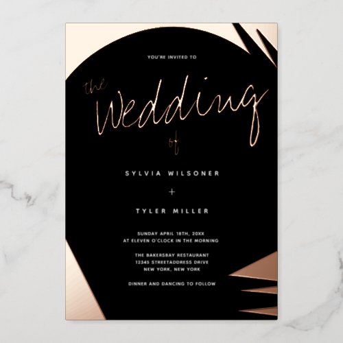 Abstract Rose Gold Burnt Orange Typography Wedding Foil Invitation