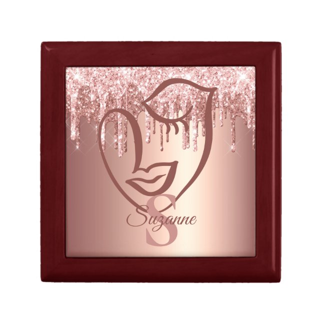 Abstract Rose Gold Glitter Drips  Face Monogram   Gift Box (Front)