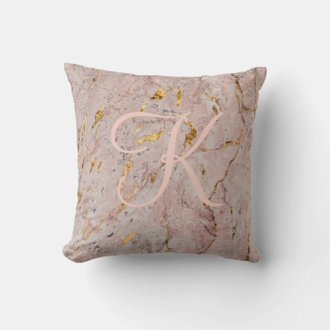 Abstract Rose Gold Marble Monogram Throw Pillow (Front)