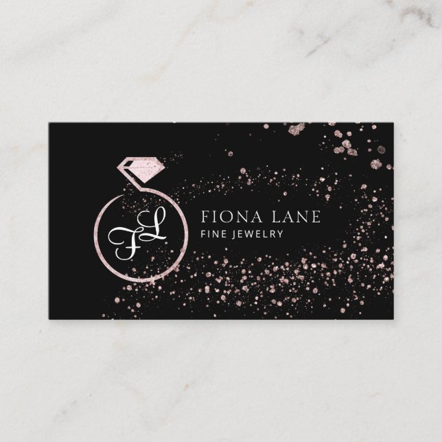 Abstract Rose Gold Paint Splatter Jewelry Logo Business Card (Front)