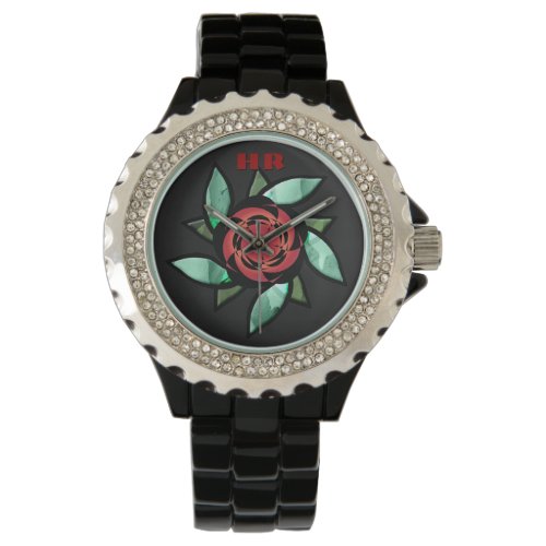 Abstract Rose _ Red on Black Monogrammed Watch