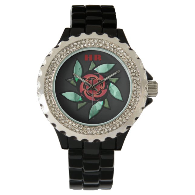 Abstract Rose - Red on Black (Monogrammed) Watch (Front)