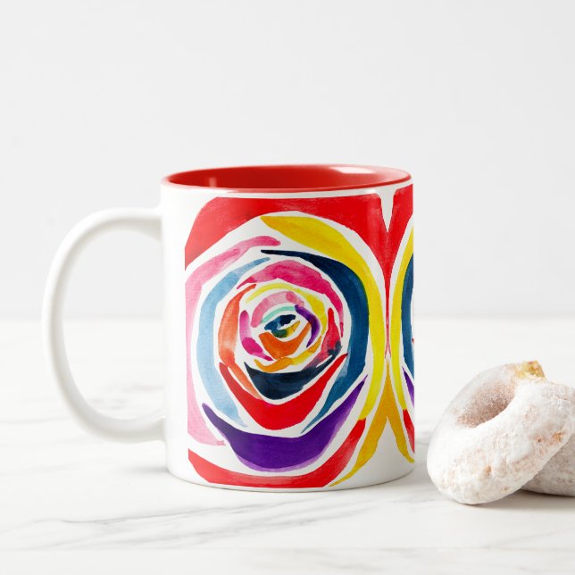 Abstract rose watercolor pop art Two-Tone coffee mug (With Donut)
