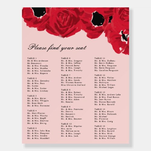 Abstract Roses and Poppies Wedding Seating Chart Foam Board