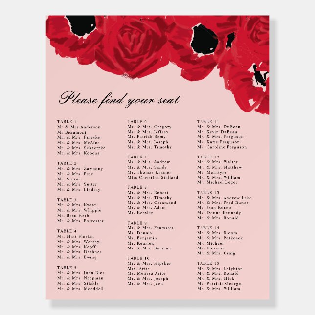 Abstract Roses and Poppies Wedding Seating Chart Foam Board (Front)