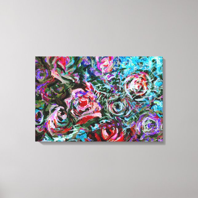Abstract roses in red and turqoise art canvas print (Front)