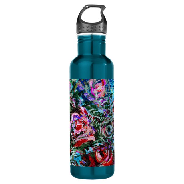 Abstract roses in red and turquoise water bottle (Front)