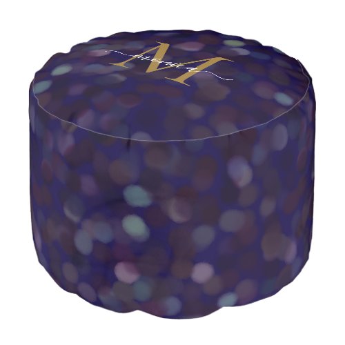 Abstract Round Blurred Pattern Gold Monogram Blue Pouf