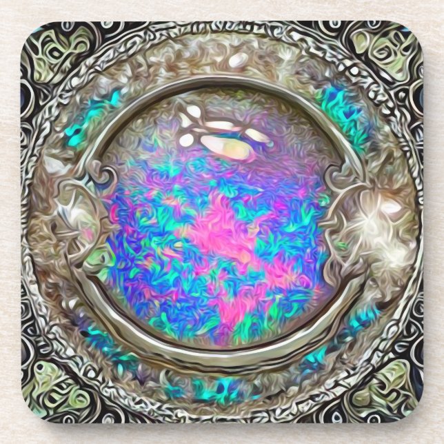 Abstract Round Painted Opal Gemstone Beverage Coaster (Front)