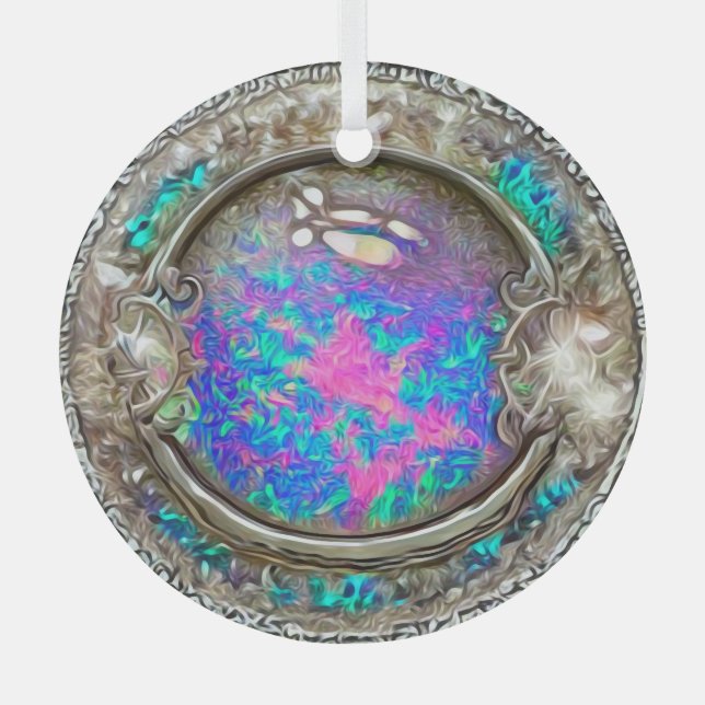 Abstract Round Painted Opal Gemstone Glass Ornament (Front)