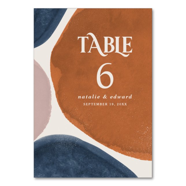 Abstract rust, navy + pink modern contemporary tab table number (Back)