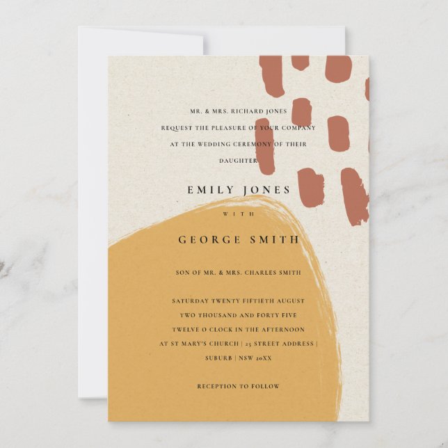 ABSTRACT RUST ORANGE KRAFT SCANDI WEDDING INVITE (Front)