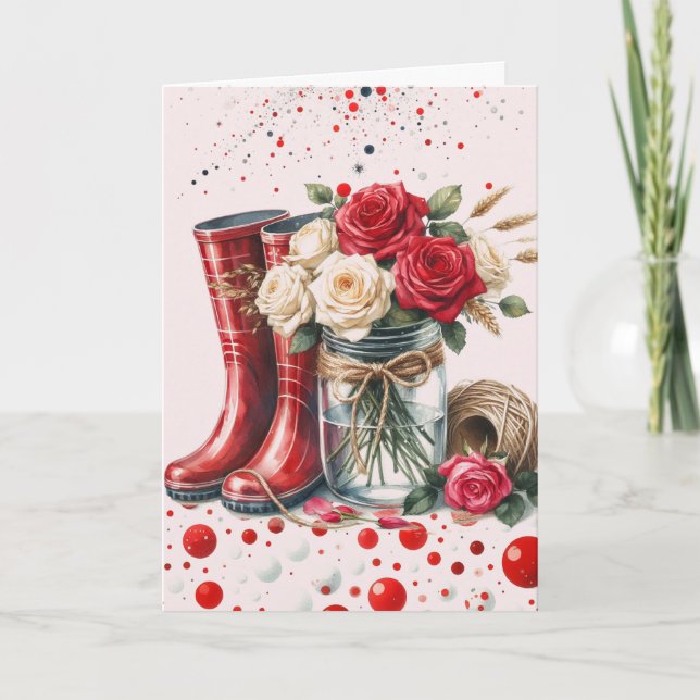 Abstract Rustic Roses and Rainboots  Card (Front)