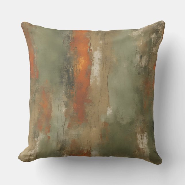 Abstract Sage and Orange Distressed Stripe Throw Pillow (Front)