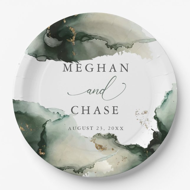 Abstract Sage Emerald Green Watercolor Paper Plates (Front)