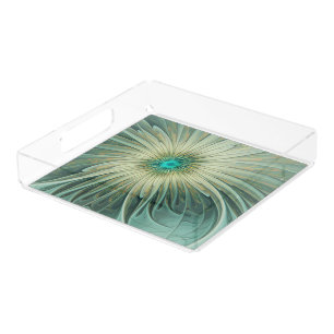 Abstract Sage Green Fantasy Flower Fractal Art Acrylic Tray