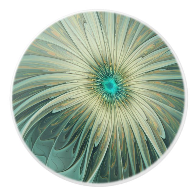 Abstract Sage Green Fantasy Flower Fractal Art Ceramic Knob (Front)