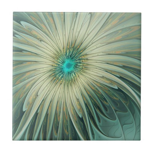 Abstract Sage Green Fantasy Flower Fractal Art Ceramic Tile