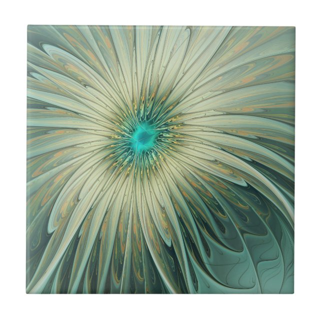 Abstract Sage Green Fantasy Flower Fractal Art Ceramic Tile (Front)