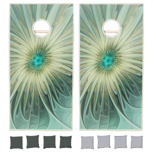 Abstract Sage Green Fantasy Flower Fractal Art Cornhole Set