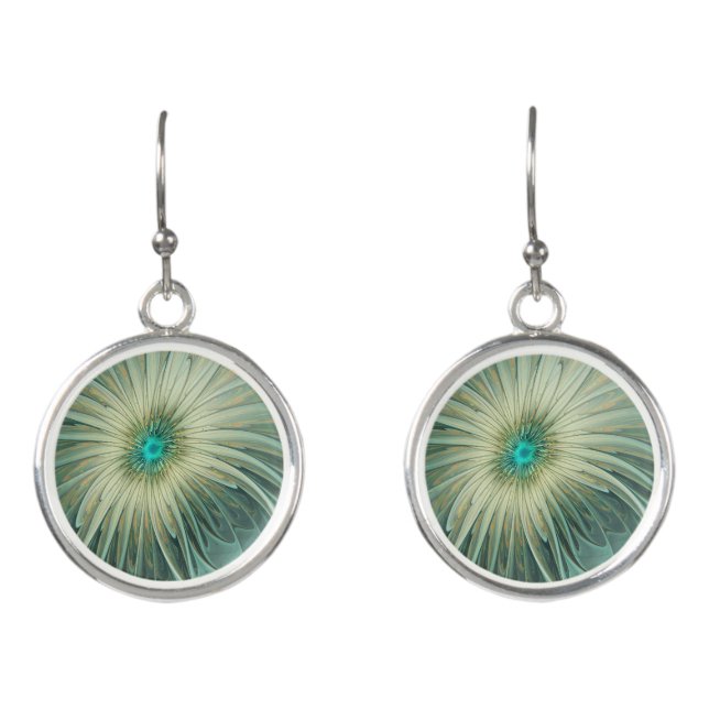 Abstract Sage Green Fantasy Flower Fractal Art Earrings (Front)
