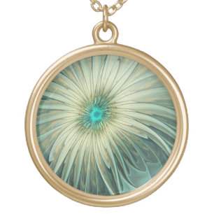Abstract Sage Green Fantasy Flower Fractal Art Gold Plated Necklace