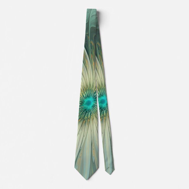Abstract Sage Green Fantasy Flower Fractal Art Neck Tie (Front)