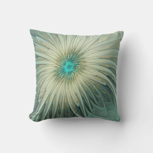 Abstract Sage Green Fantasy Flower Fractal Art Outdoor Pillow