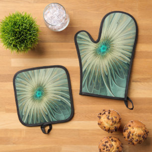 Abstract Sage Green Fantasy Flower Fractal Art Oven Mitt & Pot Holder Set