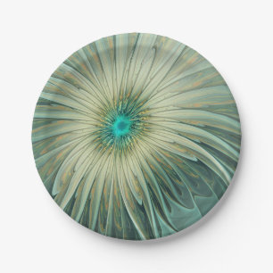 Abstract Sage Green Fantasy Flower Fractal Art Paper Plates