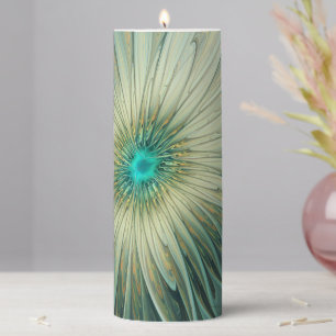 Abstract Sage Green Fantasy Flower Fractal Art Pillar Candle