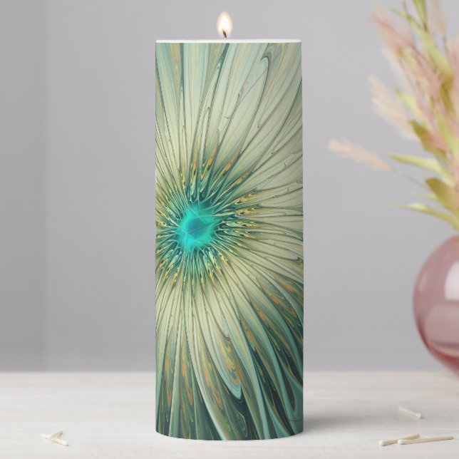 Abstract Sage Green Fantasy Flower Fractal Art Pillar Candle (In Situ)