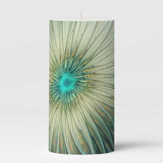 Abstract Sage Green Fantasy Flower Fractal Art Pillar Candle (Front)