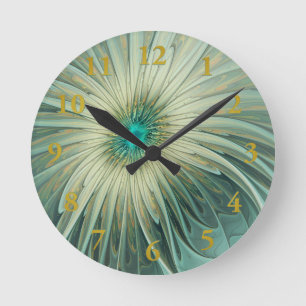 Abstract Sage Green Fantasy Flower Fractal Art Round Clock