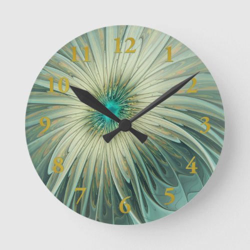 Abstract Sage Green Fantasy Flower Fractal Art Round Clock