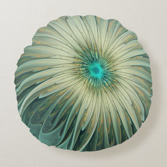 Abstract Sage Green Fantasy Flower Fractal Art Round Pillow (Front)
