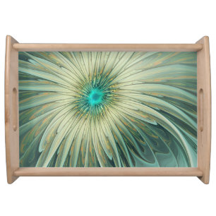 Abstract Sage Green Fantasy Flower Fractal Art Serving Tray
